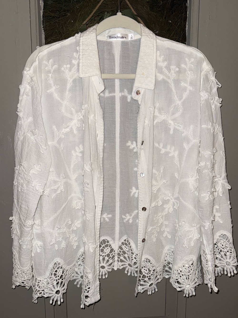 White Embroidered Crochet-Trim Jacket